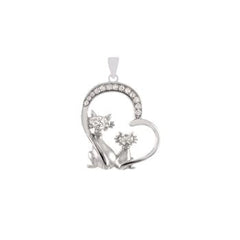 Sterling Silver Rhodium Plated Cats In Heart CZ Pendant