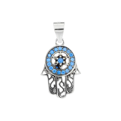 Sterling Silver Rhodium Plated Hamsa Hand CZ Pendant