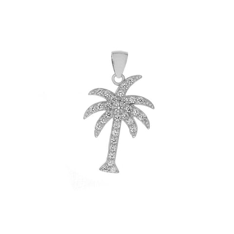 Sterling Silver Rhodium Plated Pave CZ Palm Tree Pendant