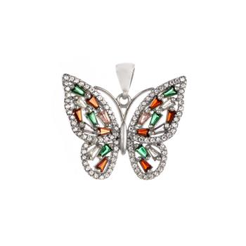 Sterling Silver Rhodium Plated Multicolored CZ Butterfly Pendant