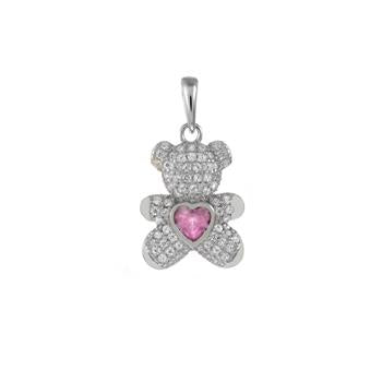 Sterling Silver Pave Pink CZ Bear Rhodium Pendant