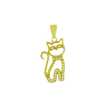 Sterling Silver Gold Plated Sitting Cat CZ Pendant