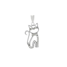 Load image into Gallery viewer, Sterling Silver Rhodium Plated Sitting Cat CZ Pendant