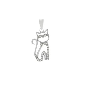 Sterling Silver Rhodium Plated Sitting Cat CZ Pendant