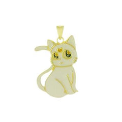 Sterling Silver Gold Plated White Enamel Sitting Cat Pendant