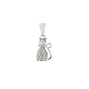 Sterling Silver Rhodium Plated Cat CZ Pendant