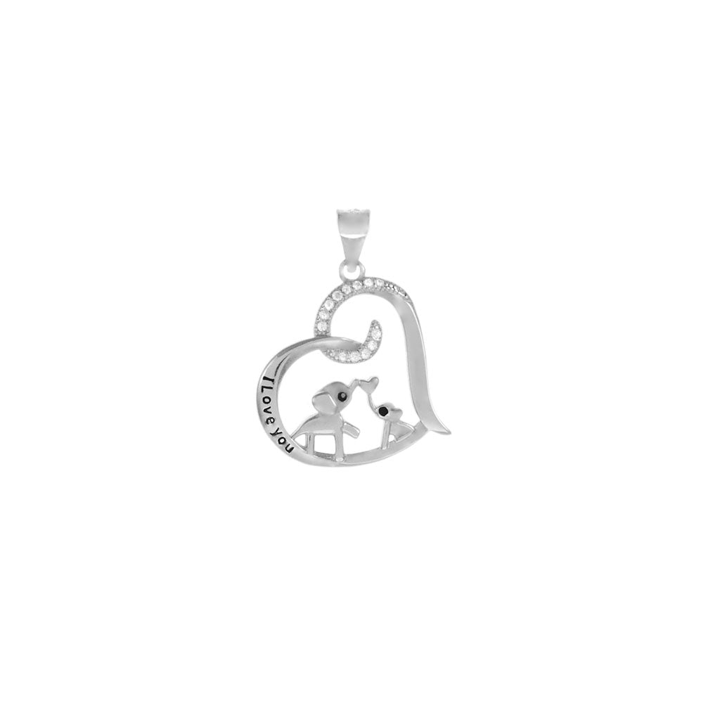 Sterling Silver Rhodium Plated CZ Heart With Elephants Pendant