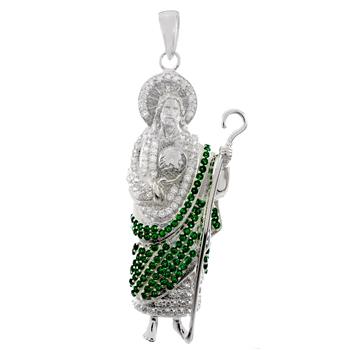 Sterling Silver Saint Jude Thaddeus with Green - White CZ Rhodium Pendant