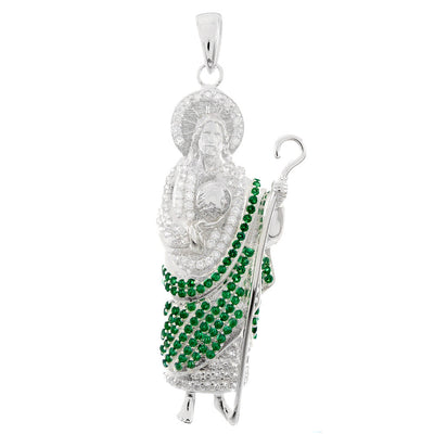 Sterling Silver Saint Jude Thaddeus With Green White CZ Pendant