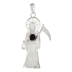 Sterling Silver Santa Muerte With Black Onyx Ball Pendant