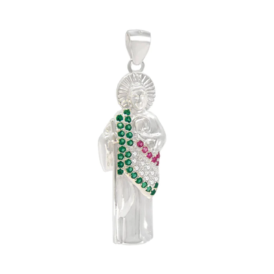 Sterling Silver Polished Saint Jude Thaddeus With Green Red And White CZ Pendant