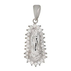 Sterling Silver Rhodium Plated Lady Of Guadalupe With Cubic Zirconia Pendant