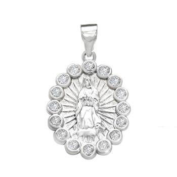 Sterling Silver Rhodium Plated Lady Of Guadalupe CZ Pendant