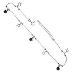 Italian Sterling Silver Dark Blue Austria Crystal And Dangle Star Anklet