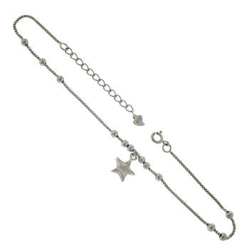 Sterling Silver Rhodium Plated Box Bead Chain Dangle Star Anklet