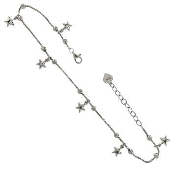 Sterling Silver Rhodium Plated DC Bead Box Chain Dangle Sliding Star Anklet