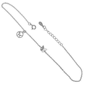 Sterling Silver Rhodium Plated DC Rolo With Butterfly And Dog Anklet