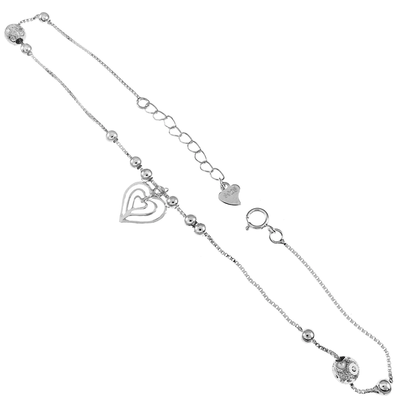 Sterling Silver Thin Box Chain With Sliding Bead Heart Charm Anklet