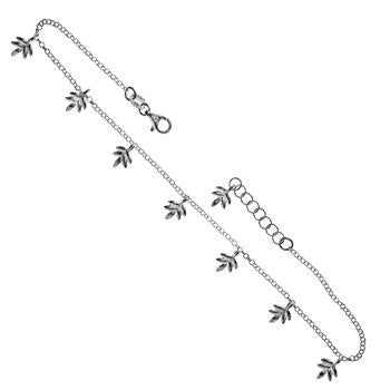 Italian Sterling Silver Rolo Dangle Leaves Charm Anklet