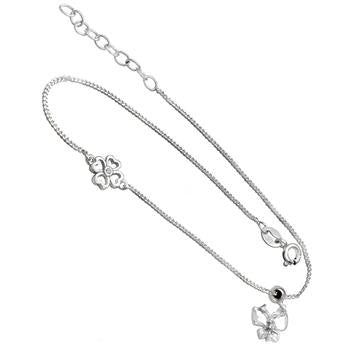 Sterling Silver Thin Curb Chain With SLiding Butterfly Four Leaf Clover Anklet