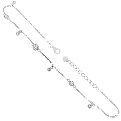 Sterling Silver Rhodium Plated Round CZ Bezel Set Anklet