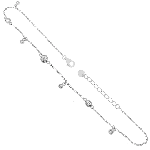 Sterling Silver Rhodium Plated Round CZ Bezel Set Anklet