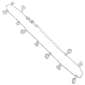 Sterling Silver Heart 6mm Round CZ Bezel Set Rhodium Anklet