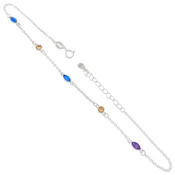 Sterling Silver Multi Color Round Marquise Cut CZ Rolo Chain Anklet