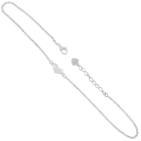 Sterling Silver Polished Anchor Diamond Cut Chain With Heart Anklet