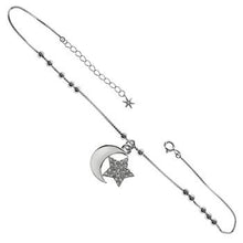 Load image into Gallery viewer, Sterling Silver Box Chain With Sliding Beads And Moon Star Pave CZ Anklet