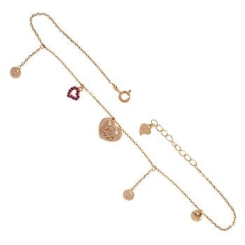 Sterling Silver Rose Plated Heart Kiss Red CZ Heart Dangle Charm Anklet