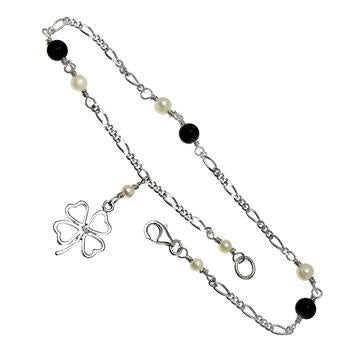 Sterling Silver Freshwater Pearl Black Onyx Four Leaf Clover Anklet