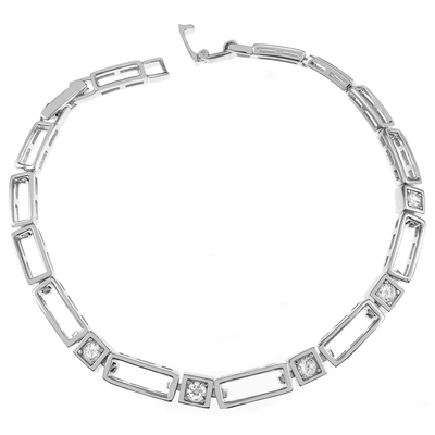Sterling Silver Rhodium Plated Open Rectangle Link Round CZ Bracelet