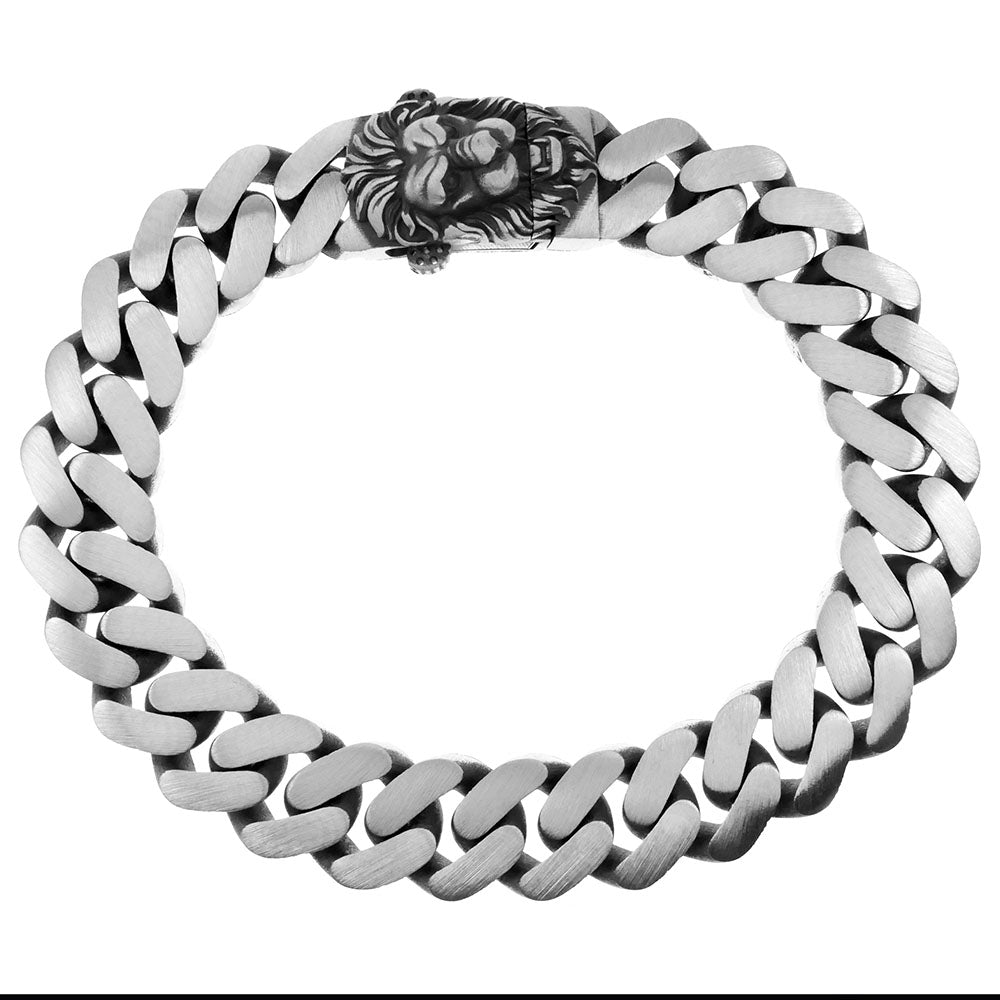 Sterling Silver Oxidized Matte Finished Lion Head Clasp Cuban Link Men Bracelet