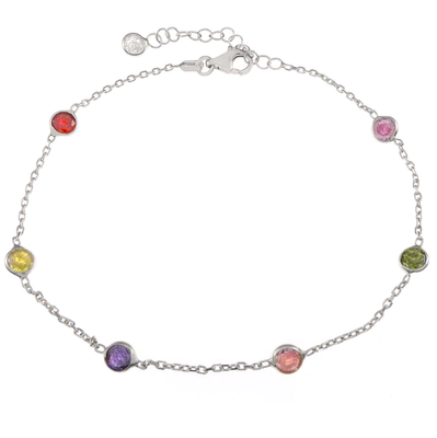 Sterling Silver Rhodium Plated Multi Color Round CZ Bezel Set Bracelet