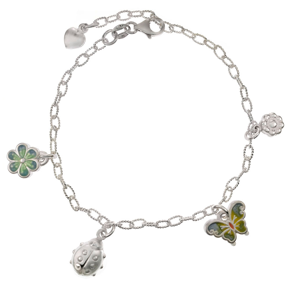 Sterling Silver Enamel Flower Butterfly Charm Bracelet