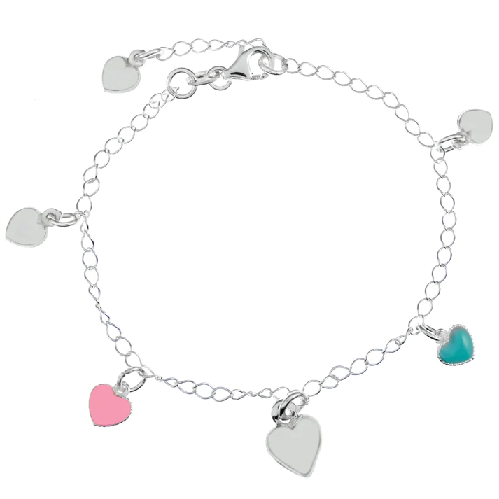 Sterling Silver Pink, Turquoise And Blue Enamel Heart Charms Bracelet