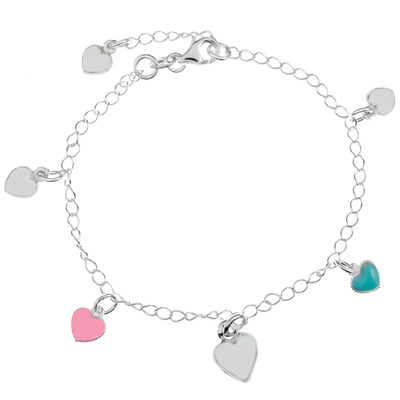 Sterling Silver Pink, Turquoise And Blue Enamel Heart Charms Bracelet
