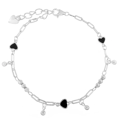 Sterling Silver Black Onyx Heart With Dangle Bead Bracelet