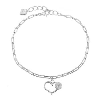 Sterling Silver Thin Paperclip with Cut Out Heart-Rose Charm Bracelet