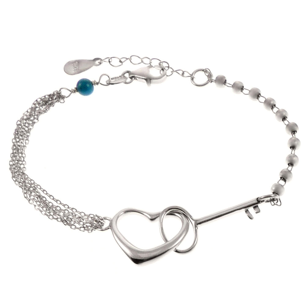 Sterling Silver Rhodium Plated Heart Key Turquoise Bracelet