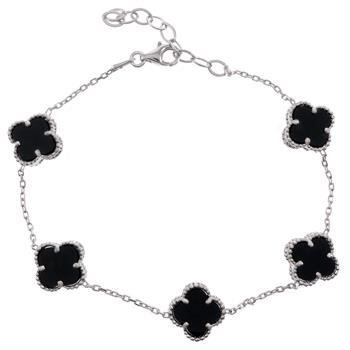 Sterling Silver Black Onyx Flour Leaf Clover Rhodium Plated Bracelet