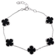 Load image into Gallery viewer, Sterling Silver Black Onyx Flour Leaf Clover Rhodium Plated Bracelet