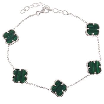 Sterling Silver Malachite Flour Leaf Clover Rhodium Plated Bracelet