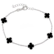 Load image into Gallery viewer, Sterling Silver Black Onyx Clover Rhodium Plated Bracelet