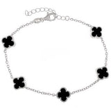 Sterling Silver Black Onyx Clover Rhodium Plated Bracelet