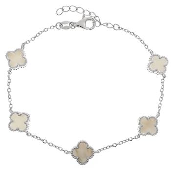 Sterling Silver Mother Of Pearl Clover Rhodium Plated Bracelet