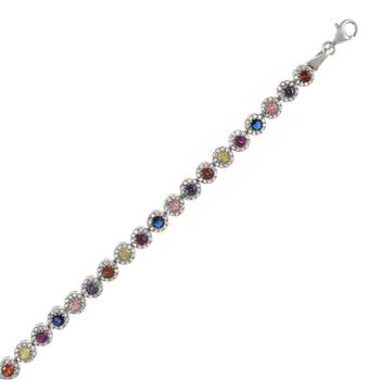 Sterling Silver Rhodium Plated Multicolored CZ Tennis Bracelet