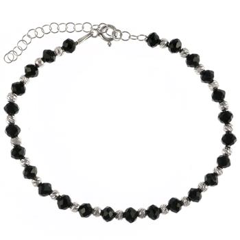 Sterling Silver Rhodium Plated Black Crystal And Diamond Cut Bead Bracelet