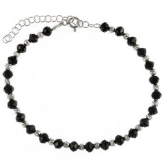 Sterling Silver Rhodium Plated Black Crystal And Diamond Cut Bead Bracelet